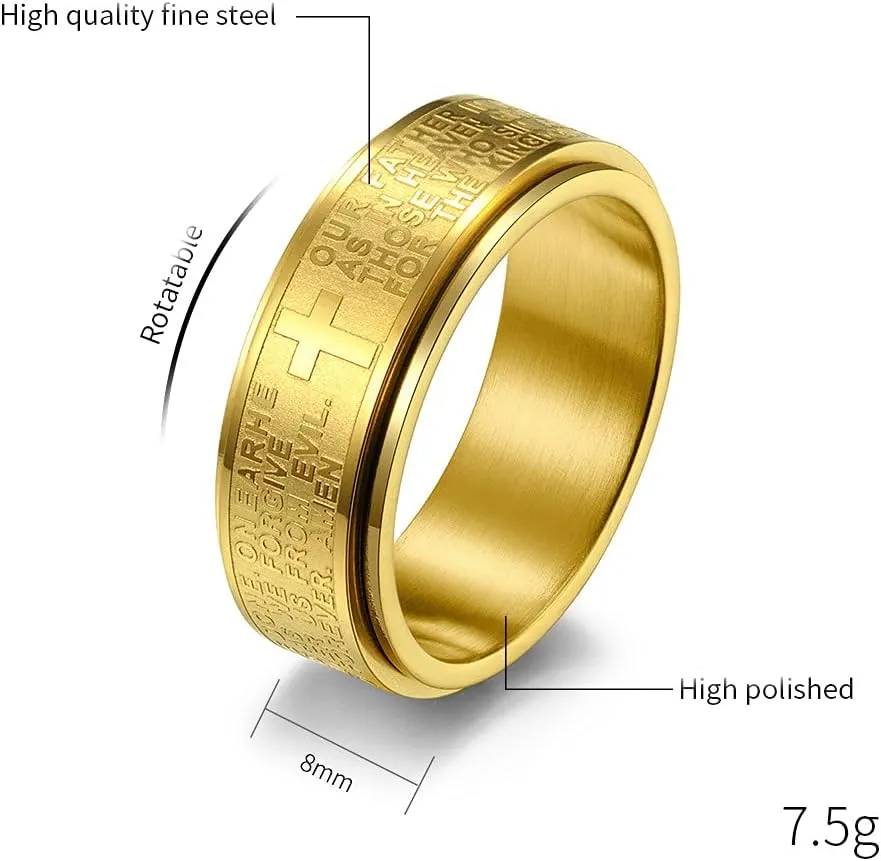 Christian Jesus Christ Lord Prayer Rotating Stress Relief Spinner Fidget Band Rings for Men Women for Anxiety Finger Rotate Freely Stainless Steel Wedding Promise Couple Band Rings Birthday Anniversary