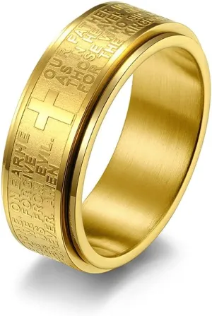 Christian Jesus Christ Lord Prayer Rotating Stress Relief Spinner Fidget Band Rings for Men Women for Anxiety Finger Rotate Freely Stainless Steel Wedding Promise Couple Band Rings Birthday Anniversary