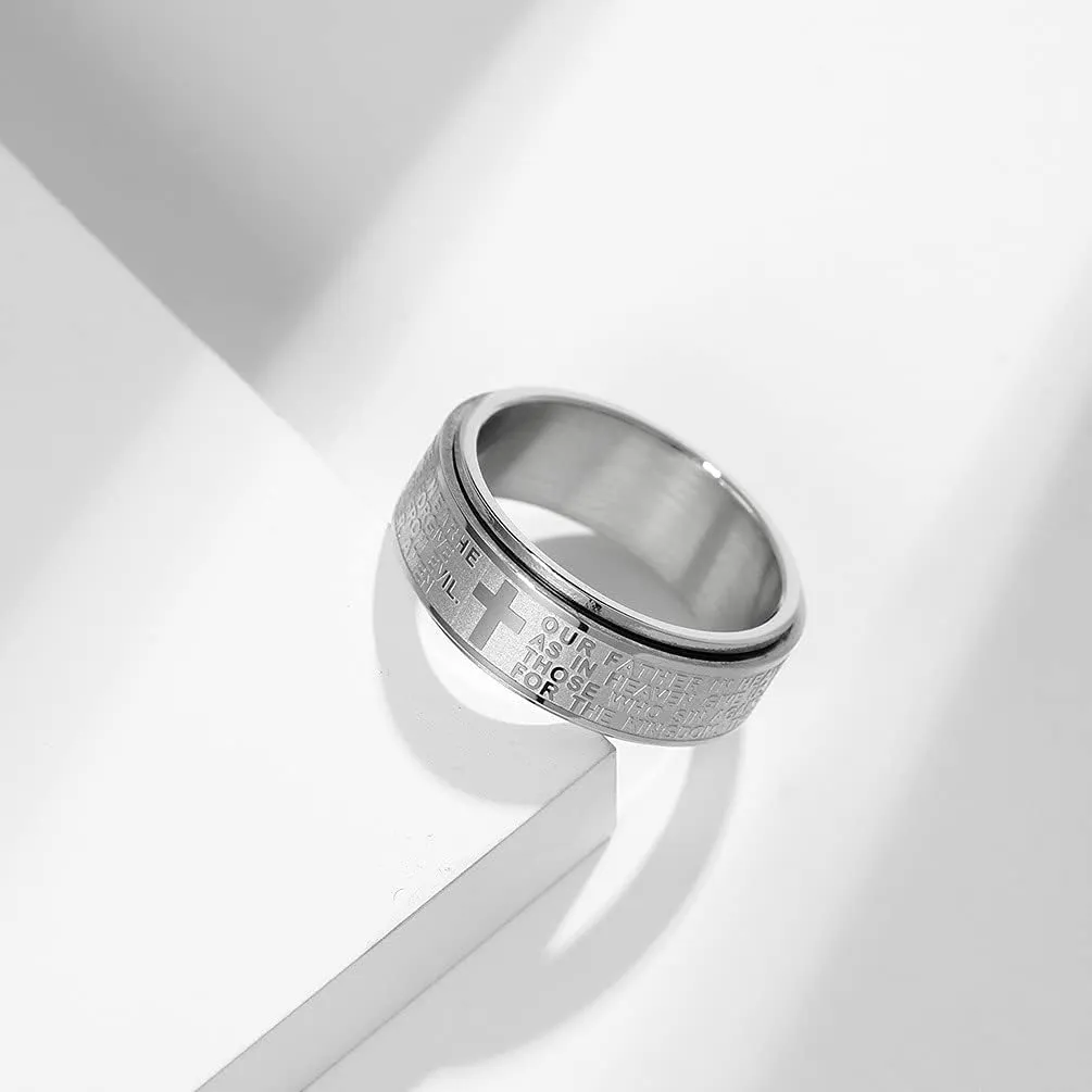 Christian Jesus Christ Lord Prayer Rotating Stress Relief Spinner Fidget Band Rings for Men Women for Anxiety Finger Rotate Freely Stainless Steel Wedding Promise Couple Band Rings Birthday Anniversary