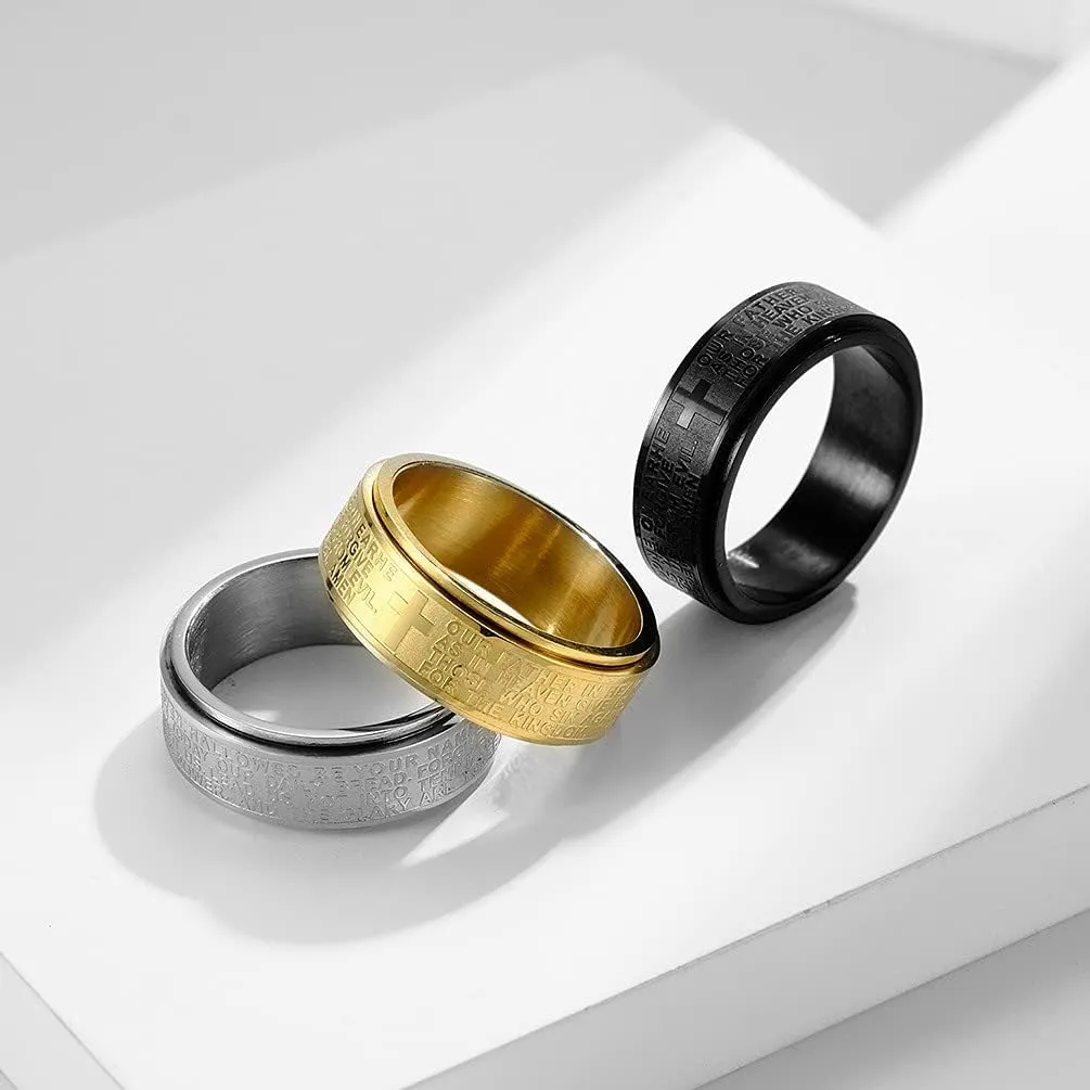 Christian Jesus Christ Lord Prayer Rotating Stress Relief Spinner Fidget Band Rings for Men Women for Anxiety Finger Rotate Freely Stainless Steel Wedding Promise Couple Band Rings Birthday Anniversary