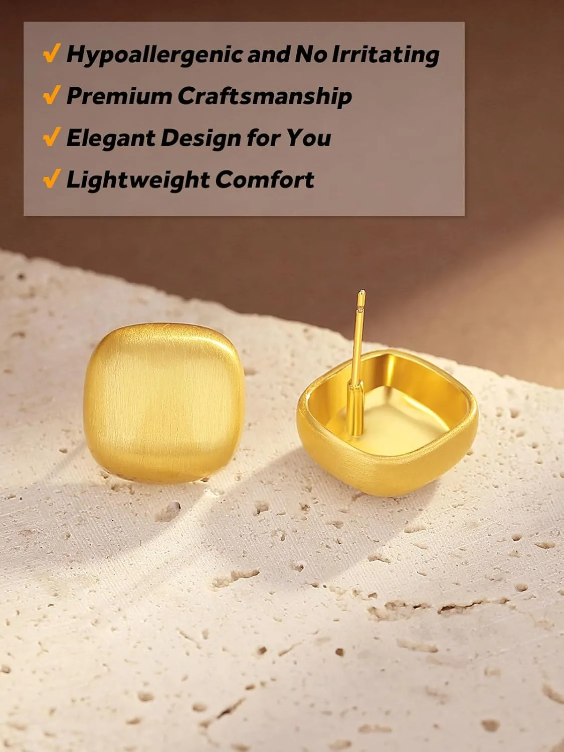 Chunky Brushed Gold Earrings Studs for Women, Matte Gold Earrings for Women Trendy, 14K Gold Plated Silver Stud Earrings with Sterling Silver Posts Hypoallergenic Jewelry Box