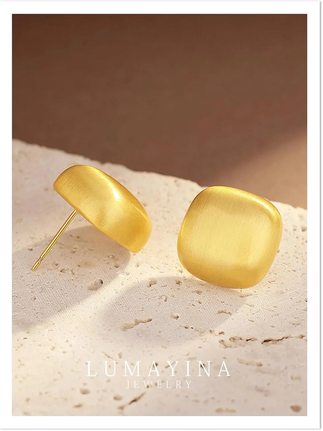 Chunky Brushed Gold Earrings Studs for Women, Matte Gold Earrings for Women Trendy, 14K Gold Plated Silver Stud Earrings with Sterling Silver Posts Hypoallergenic Jewelry Box