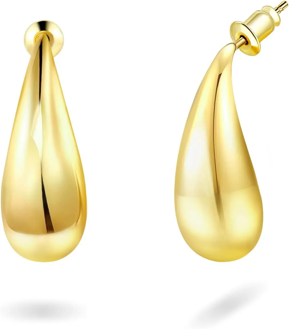 Chunky Gold Waterdrop Hoop Earrings for Women and Men, Lightweight Teardrop Hollow Dangle Earrings