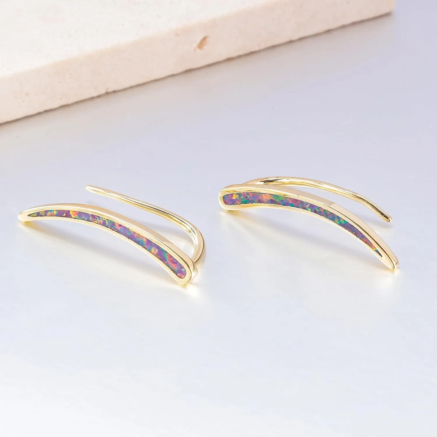 CiNily Opal Earrings, Ear Cuffs Climber Earrings for Women Hypoallergenic, 14K Gold Plated Cartilage Studs Crawler Stud Ear Rings Dainty Trendy Jewelry Fashion Ear Ring Birthday Gift for Her