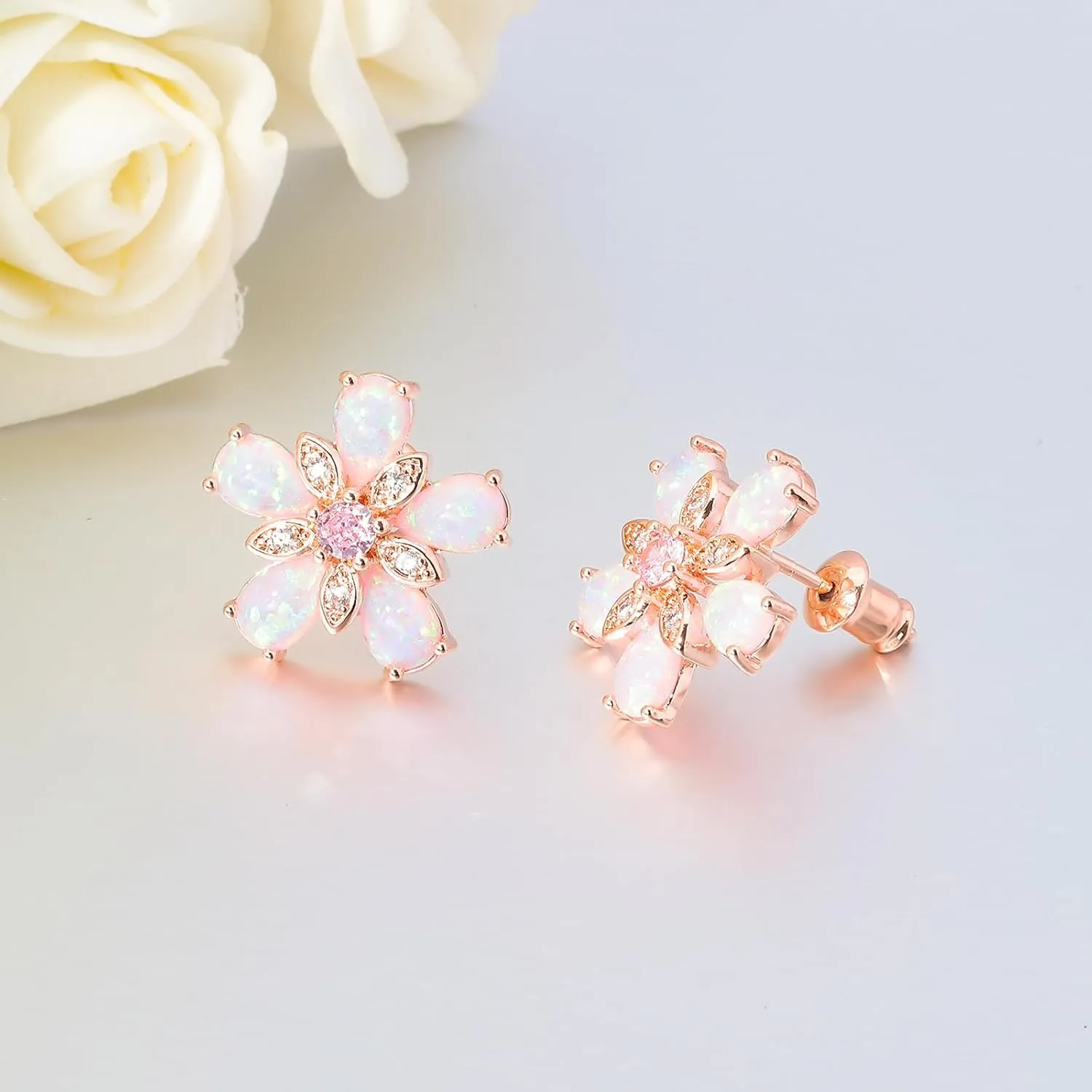 CiNily Womens Flower Earrings Studs Dainty Fire Opal Studs 14K White/Gold Plated Lightweight Cubic Zirconia Stud Earrings Trendy Diamond Jewelry for Wedding Party Birthday Summer Gifts