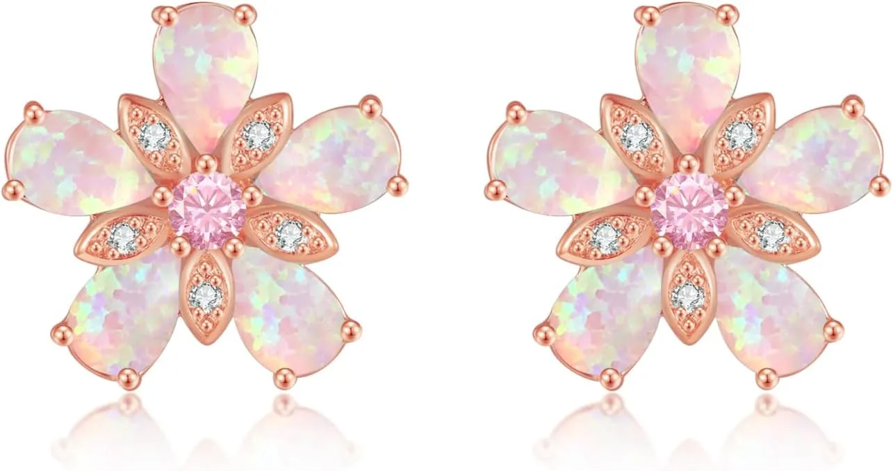 CiNily Womens Flower Earrings Studs Dainty Fire Opal Studs 14K White/Gold Plated Lightweight Cubic Zirconia Stud Earrings Trendy Diamond Jewelry for Wedding Party Birthday Summer Gifts