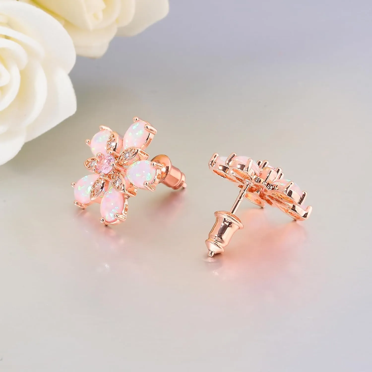 CiNily Womens Flower Earrings Studs Dainty Fire Opal Studs 14K White/Gold Plated Lightweight Cubic Zirconia Stud Earrings Trendy Diamond Jewelry for Wedding Party Birthday Summer Gifts