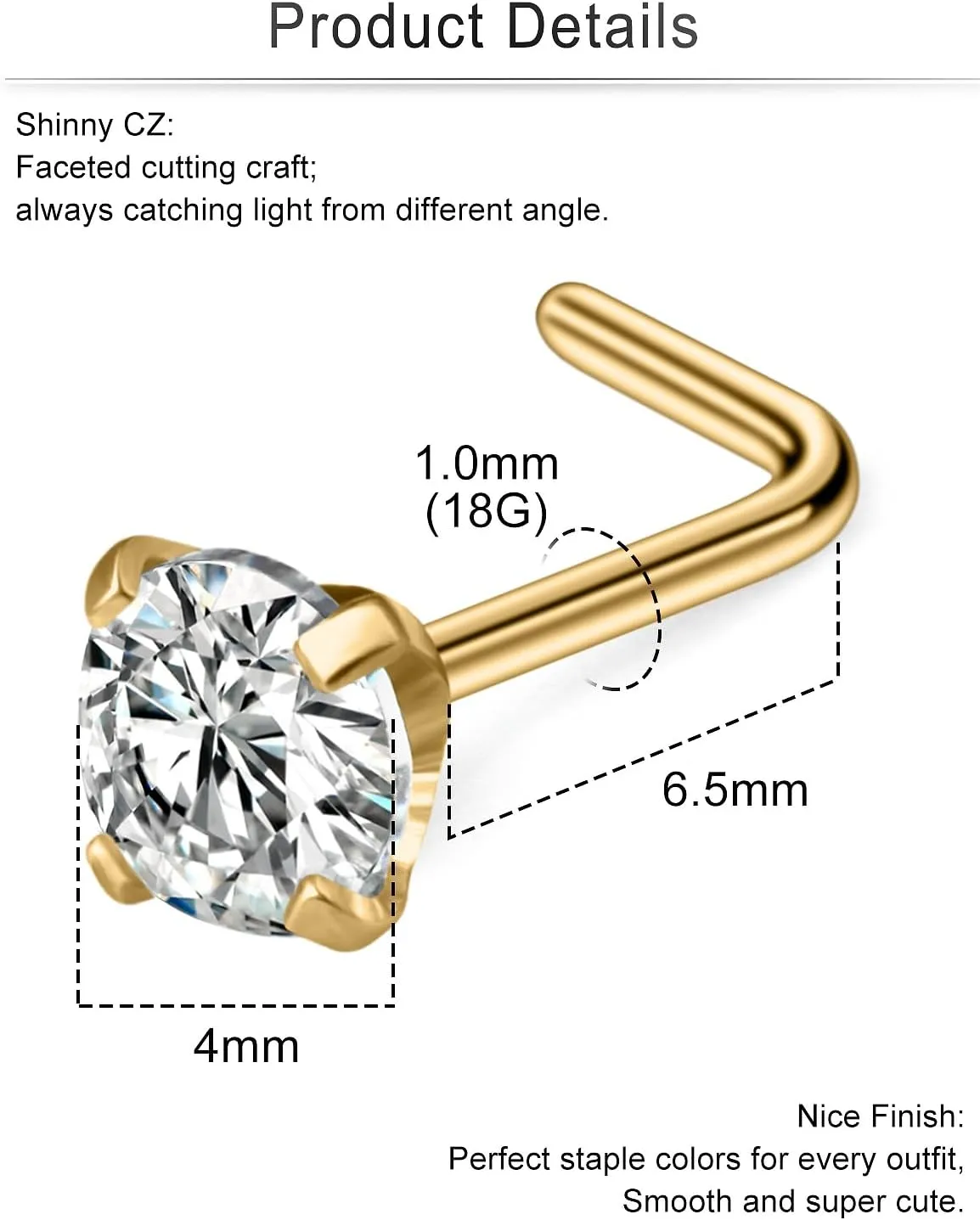 Cisyozi 18G Nose Rings Studs Hypoallergenic Nose Piercings 316L Surgical Steel Silver Nose Rings Set L Shaped Nose Nostril Piercing Jewelry for Women Men Diamond CZ 1.5mm 2mm 2.5mm 3mm 3.5mm 4mm