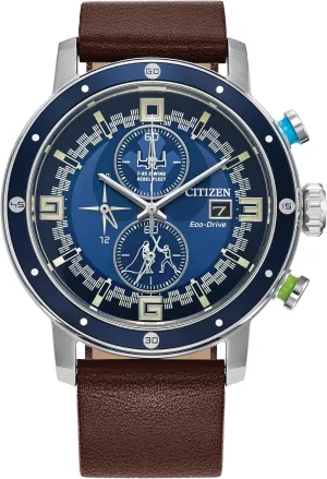 Citizen Men's Eco-Drive Star Wars Luke Skywalker Chronograph Stainless Steel Watch with Brown Leather Strap, Blue Bezel, 44mm (Model: CA0768-07W)