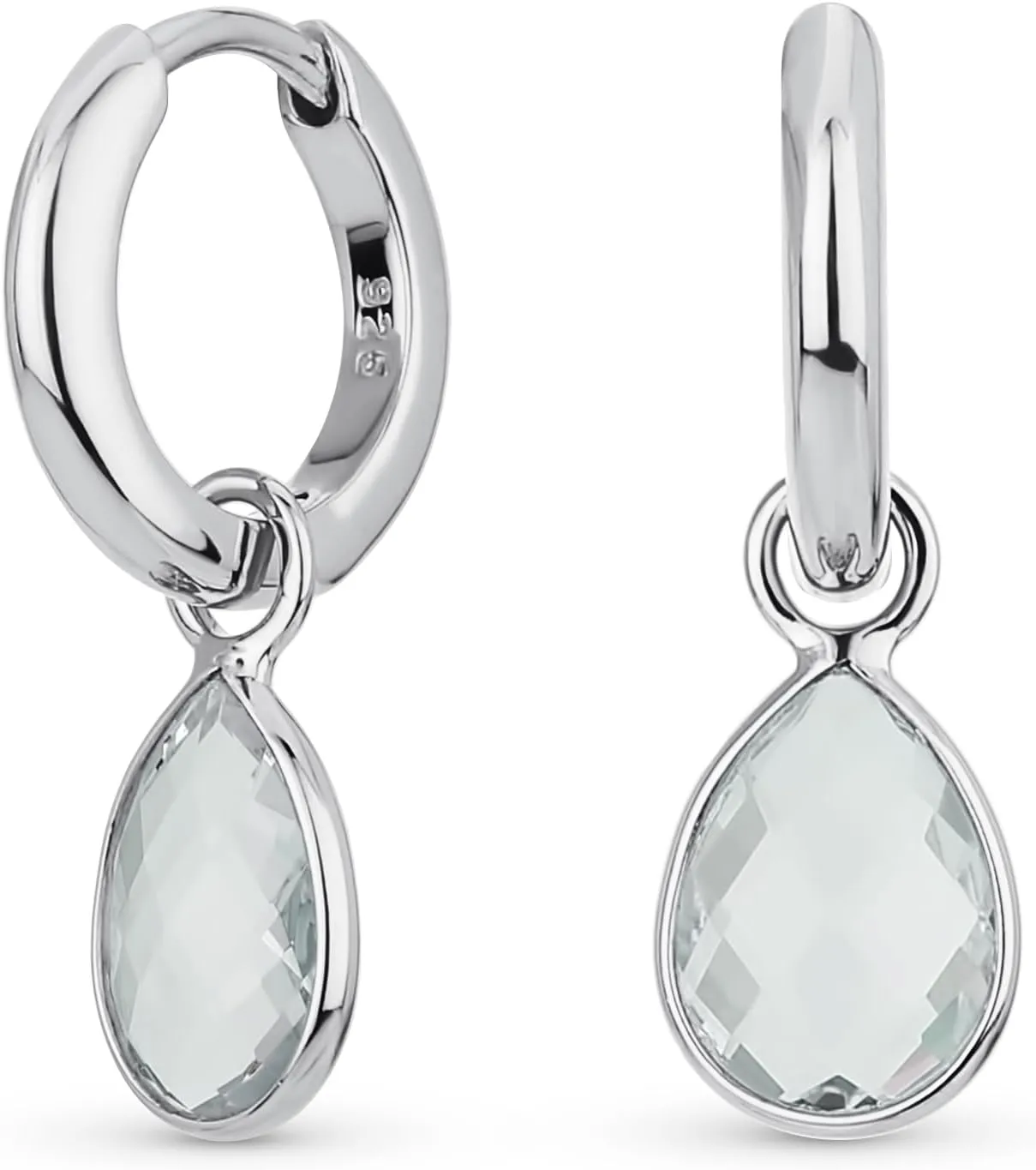 Classic Vintage Style Cocktail Wedding Party Small 1.5 CTW Simulated Gemstone AAA CZ Pear Shaped Dangling Teardrop Huggie Earrings For Women Latch Hinge Back 14K Gold .925 Sterling Silver