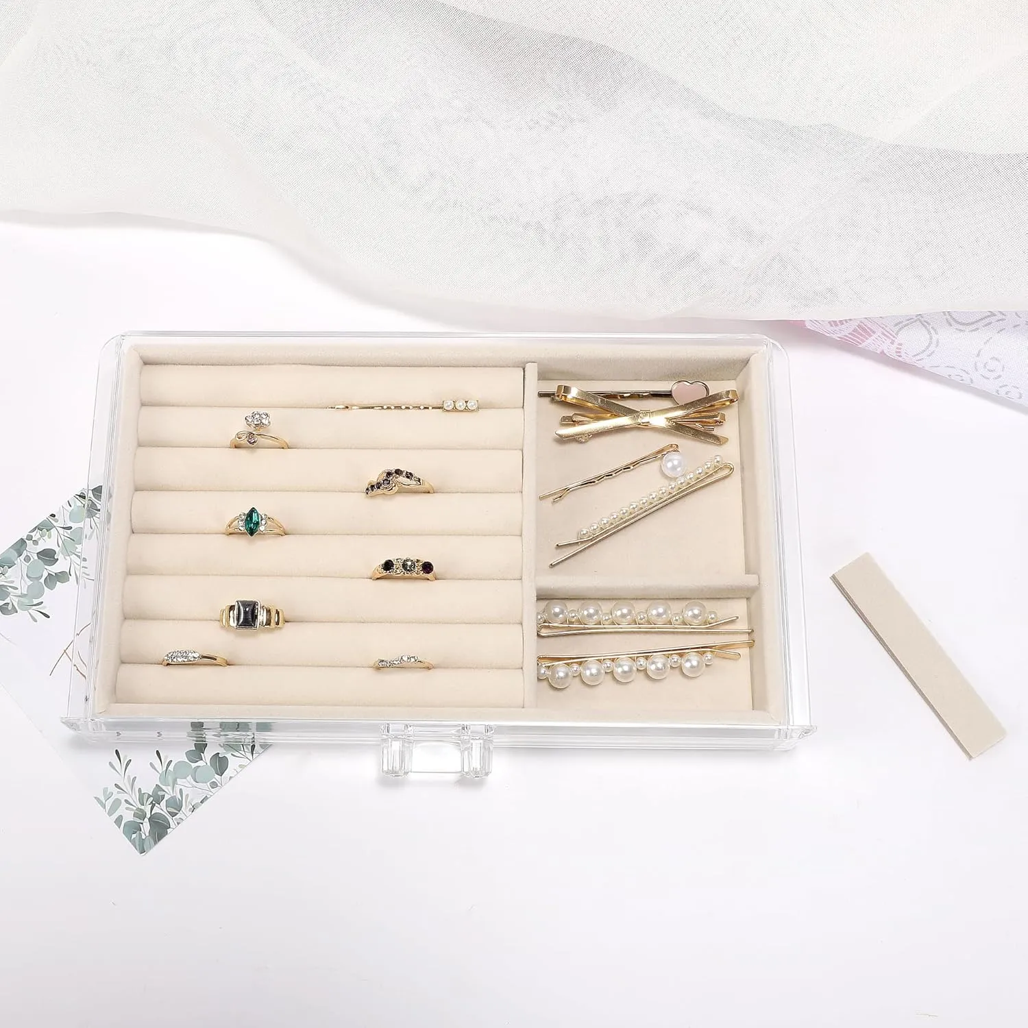 Clear Acrylic Jewelry Box with 3 Velvet Drawers, Jewelry Organizer for Women & Girls - Earring, Ring, Necklace, Bracelet Storage Case (Beige, 3 layers)