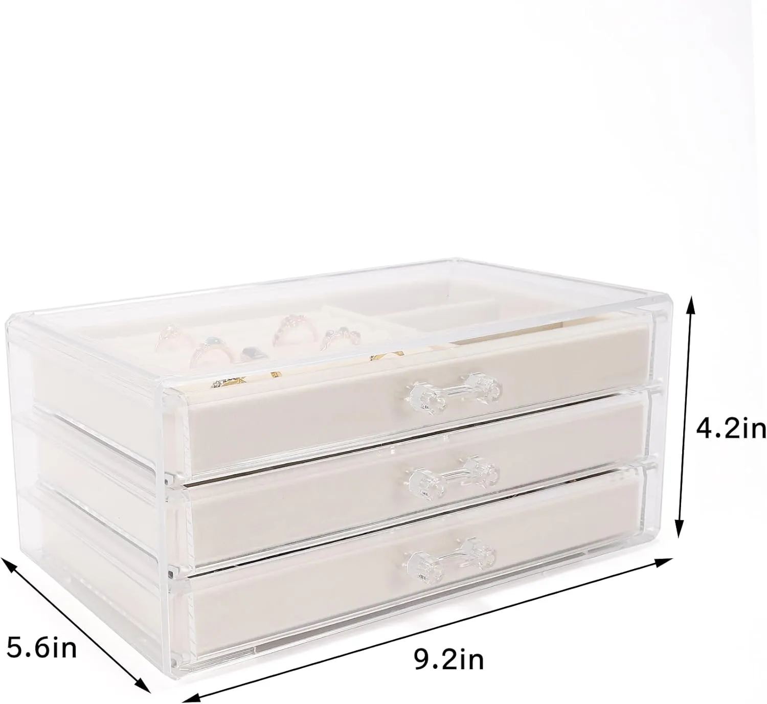 Clear Acrylic Jewelry Box with 3 Velvet Drawers, Jewelry Organizer for Women & Girls - Earring, Ring, Necklace, Bracelet Storage Case (Beige, 3 layers)