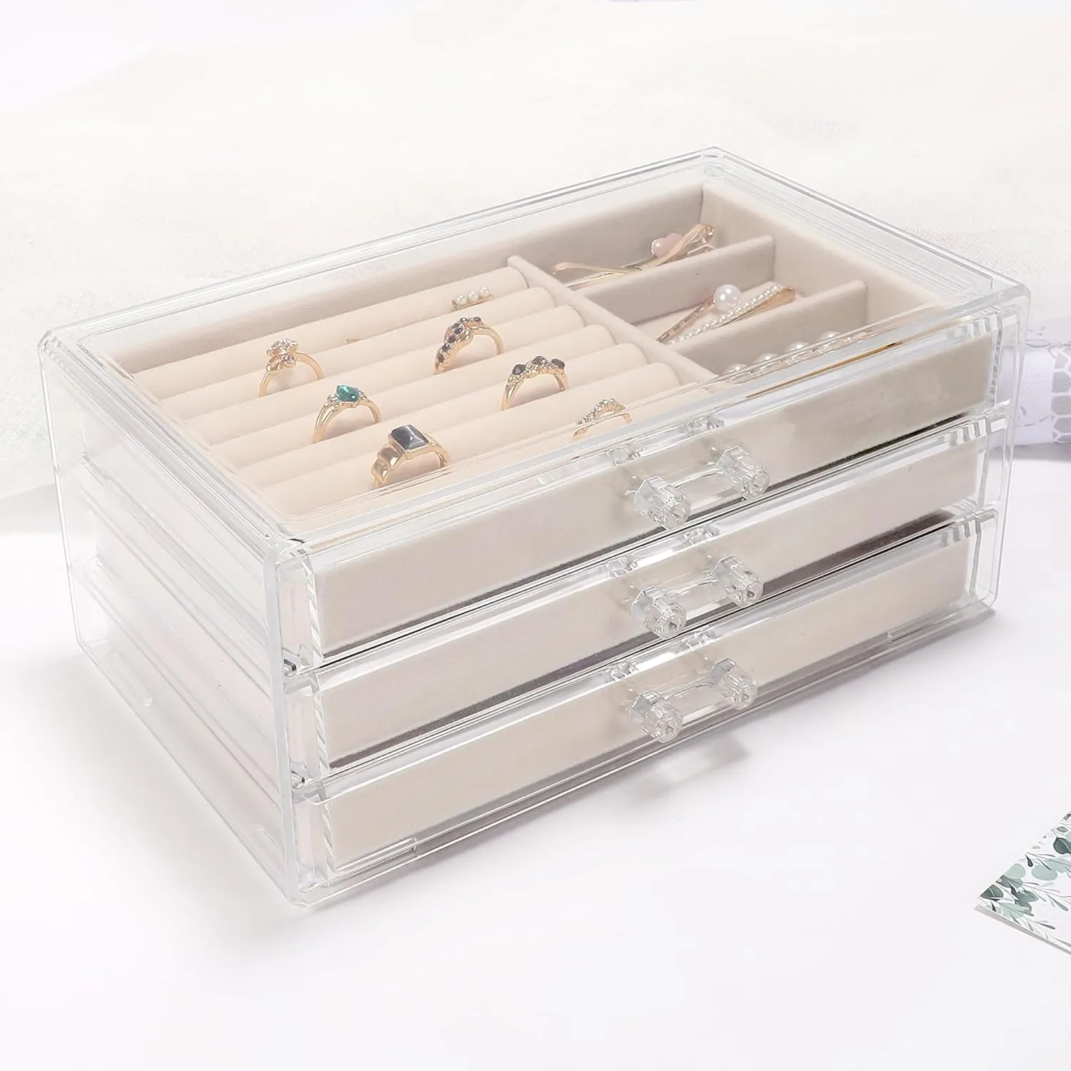 Clear Acrylic Jewelry Box with 3 Velvet Drawers, Jewelry Organizer for Women & Girls - Earring, Ring, Necklace, Bracelet Storage Case (Beige, 3 layers)