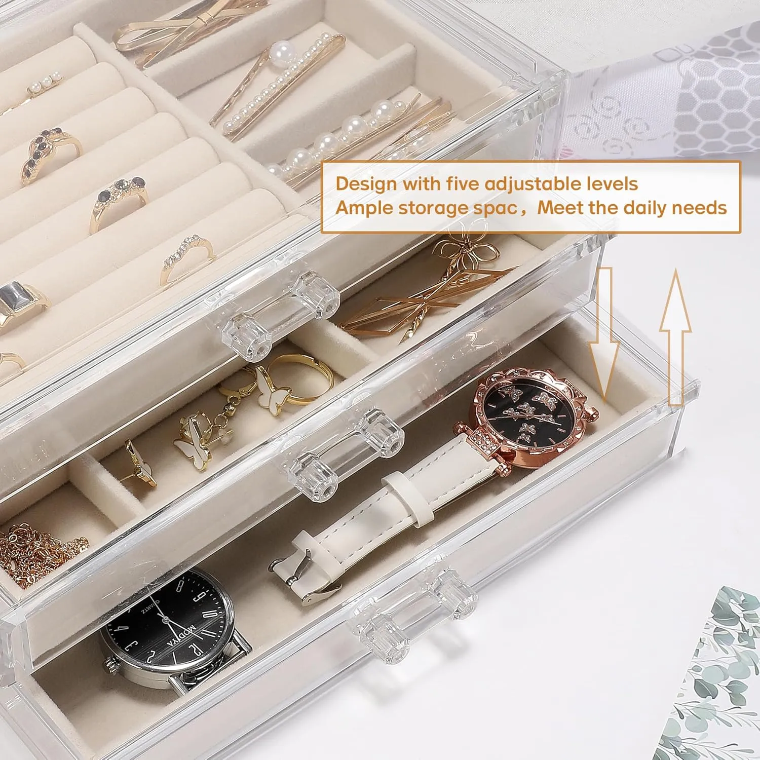 Clear Acrylic Jewelry Box with 3 Velvet Drawers, Jewelry Organizer for Women & Girls - Earring, Ring, Necklace, Bracelet Storage Case (Beige, 3 layers)