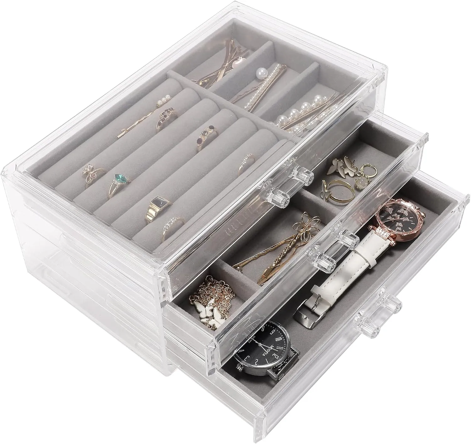 Clear Acrylic Jewelry Box with 3 Velvet Drawers, Jewelry Organizer for Women & Girls - Earring, Ring, Necklace, Bracelet Storage Case (Gray, 3 layers)