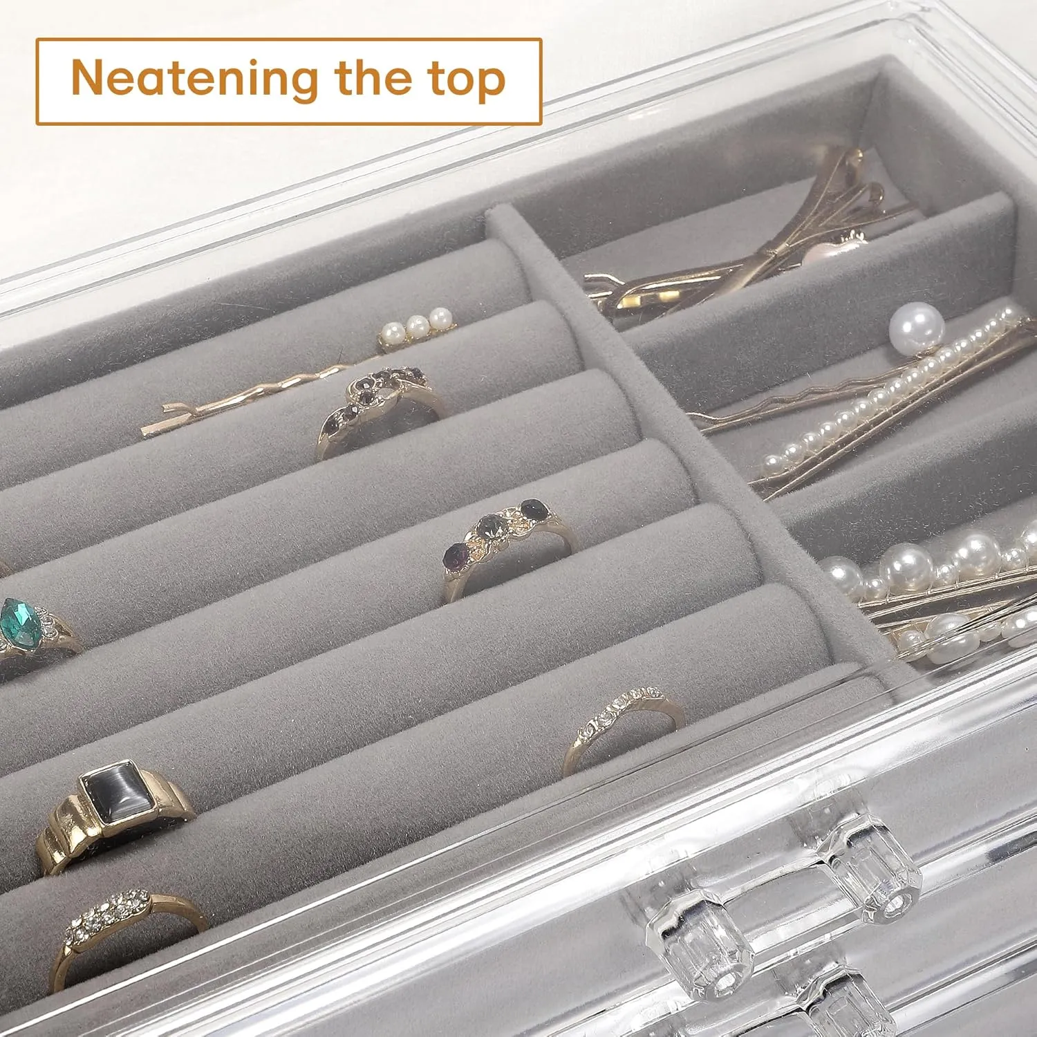 Clear Acrylic Jewelry Box with 3 Velvet Drawers, Jewelry Organizer for Women & Girls - Earring, Ring, Necklace, Bracelet Storage Case (Gray, 3 layers)