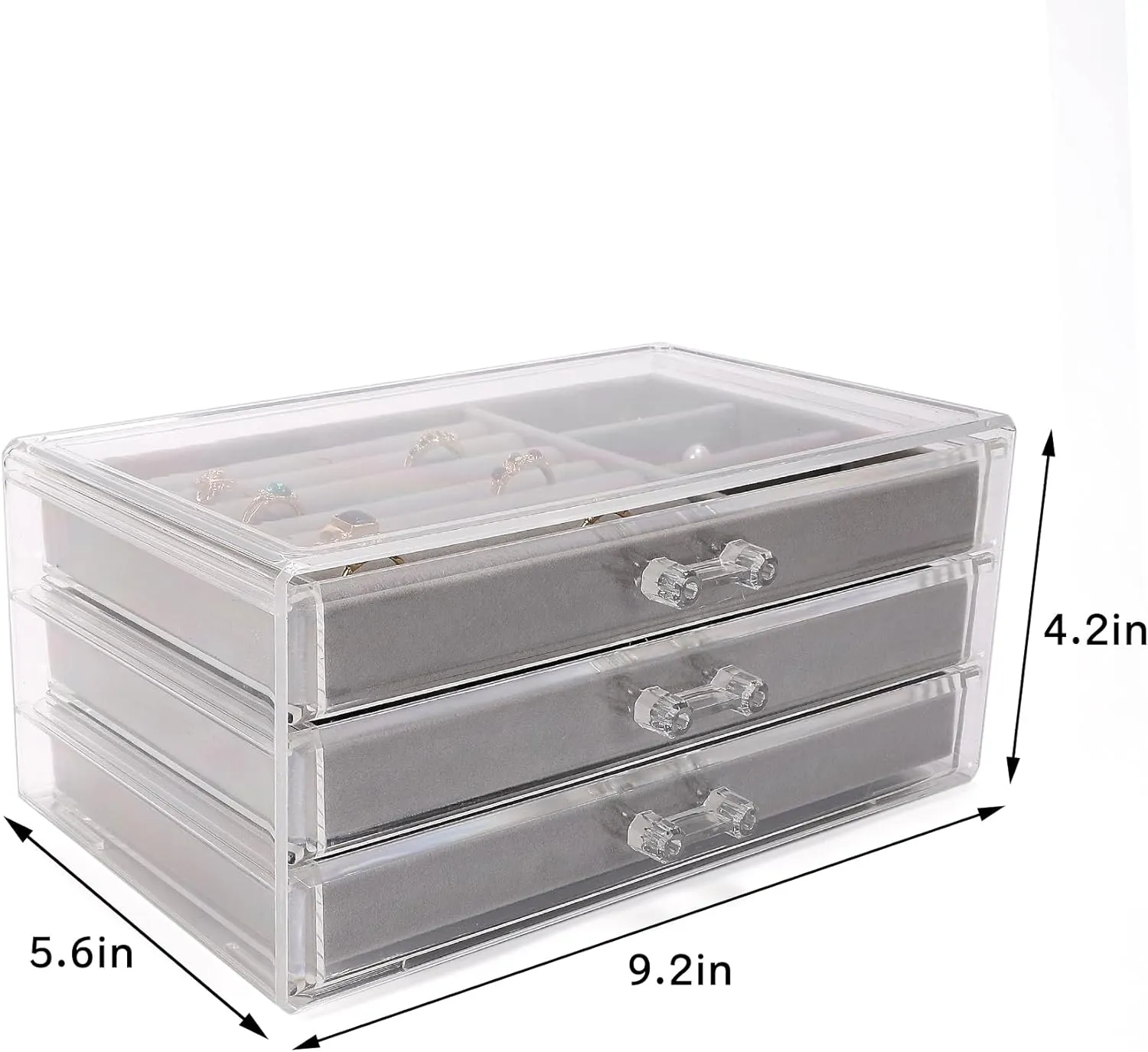 Clear Acrylic Jewelry Box with 3 Velvet Drawers, Jewelry Organizer for Women & Girls - Earring, Ring, Necklace, Bracelet Storage Case (Gray, 3 layers)