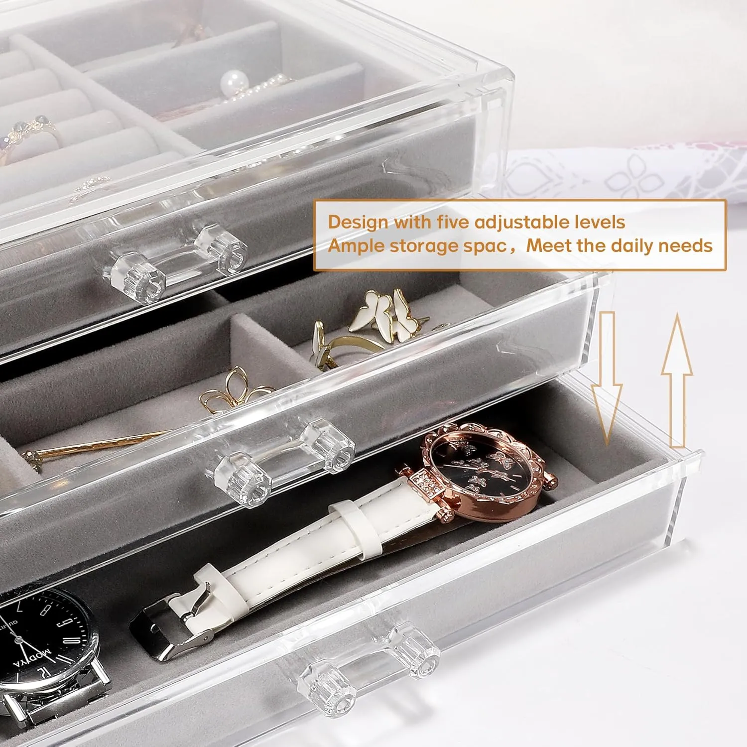 Clear Acrylic Jewelry Box with 3 Velvet Drawers, Jewelry Organizer for Women & Girls - Earring, Ring, Necklace, Bracelet Storage Case (Gray, 3 layers)
