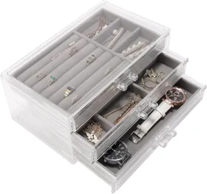 Clear Acrylic Jewelry Box with 3 Velvet Drawers, Jewelry Organizer for Women & Girls - Earring, Ring, Necklace, Bracelet Storage Case (Gray, 3 layers)