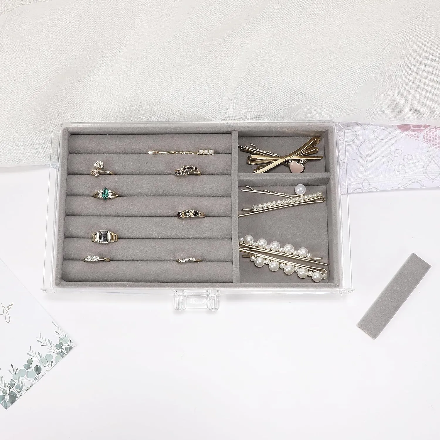 Clear Acrylic Jewelry Box with 3 Velvet Drawers, Jewelry Organizer for Women & Girls - Earring, Ring, Necklace, Bracelet Storage Case (Gray, 3 layers)