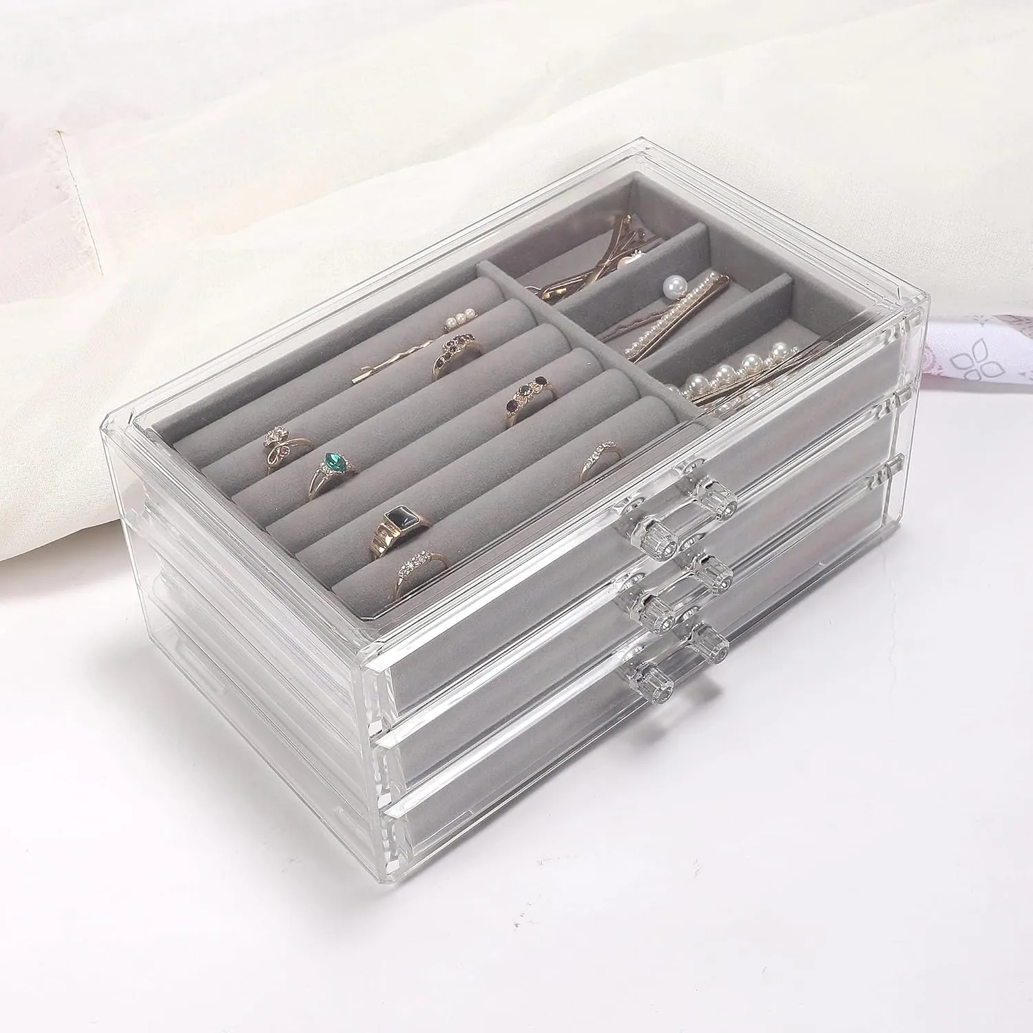 Clear Acrylic Jewelry Box with 3 Velvet Drawers, Jewelry Organizer for Women & Girls - Earring, Ring, Necklace, Bracelet Storage Case (Gray, 3 layers)