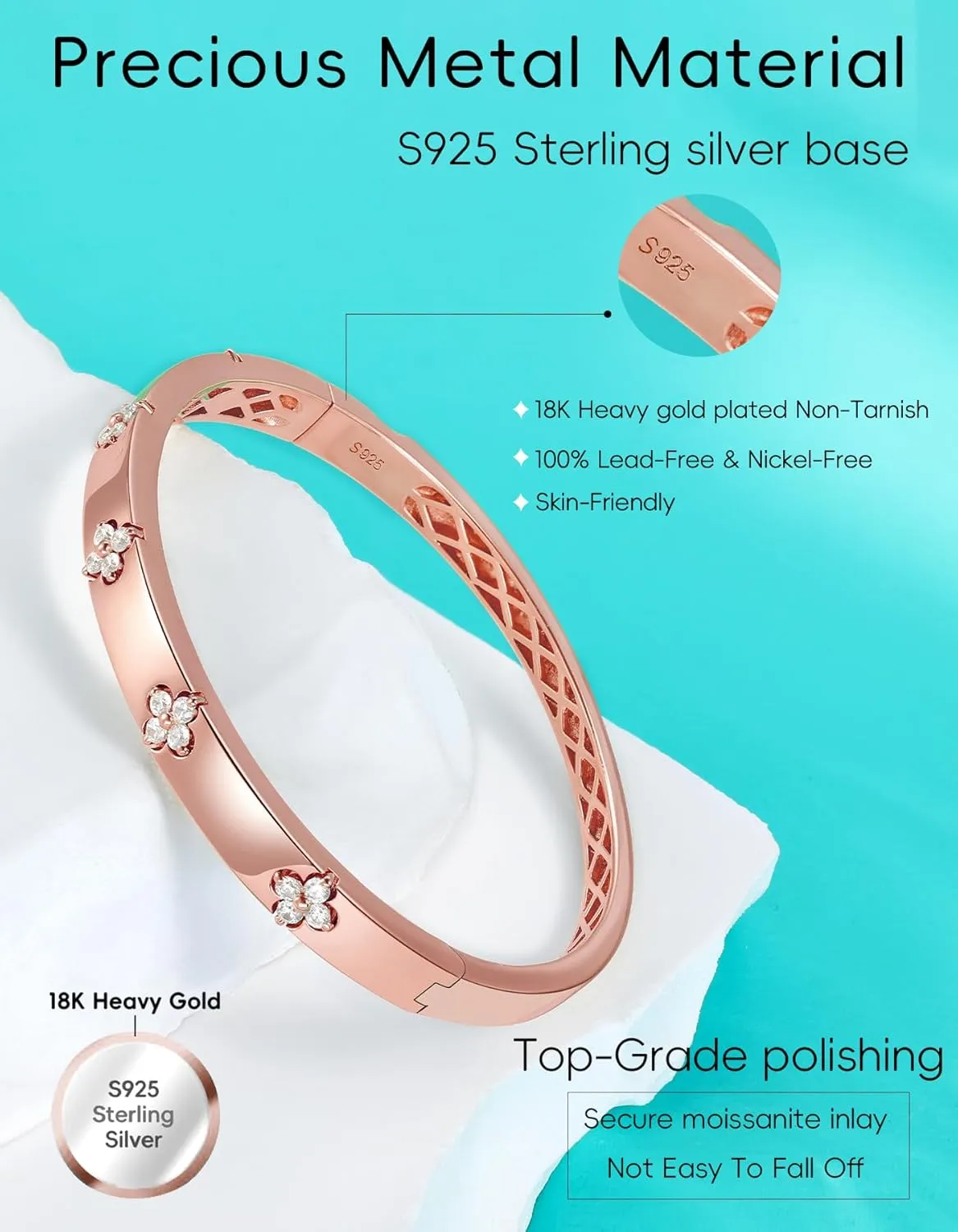Clover Emerald/Moissanite Bracelets for Women Gifts | Premium Emerald and Moissanite (D Clolor VVS1 Clarity 3EX Cut) | S925 Sterling Silver Plated 18K Gold Stackable Non Tarnish