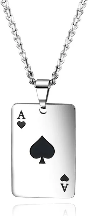 coadipress Punk Stainless Steel Playing Card Poker Tag Pendant Necklace for Women Men Lucky Rock Ace of Spade Heart Royal Flush Games Chain Necklace Hip Hop Unisex Jewelry Gift