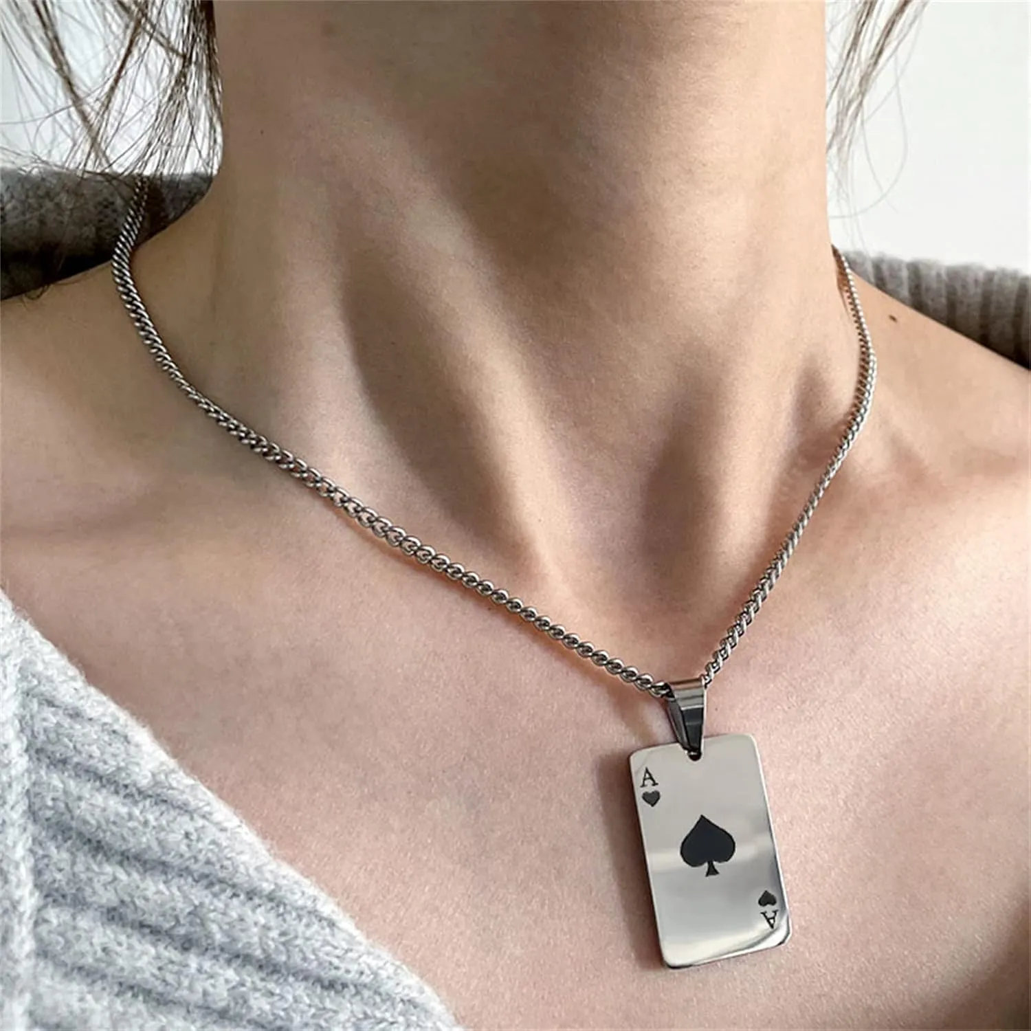 coadipress Punk Stainless Steel Playing Card Poker Tag Pendant Necklace for Women Men Lucky Rock Ace of Spade Heart Royal Flush Games Chain Necklace Hip Hop Unisex Jewelry Gift