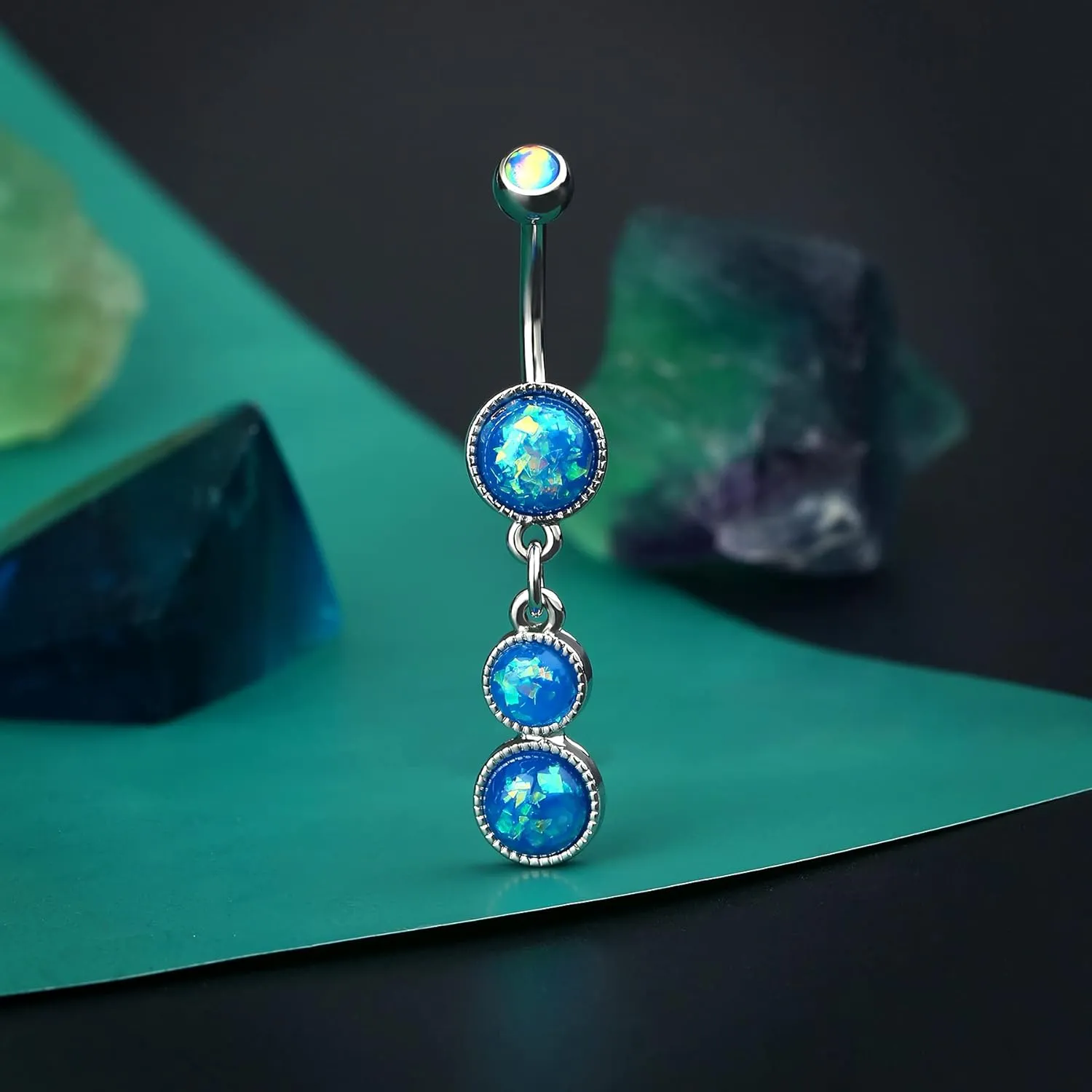 COCHARM Cute Dangly Opal Belly Button Rings 14g 316L Stainless Steel Dangle Navel Rings for Women Belly Button Piercing Dangling Navel Bar