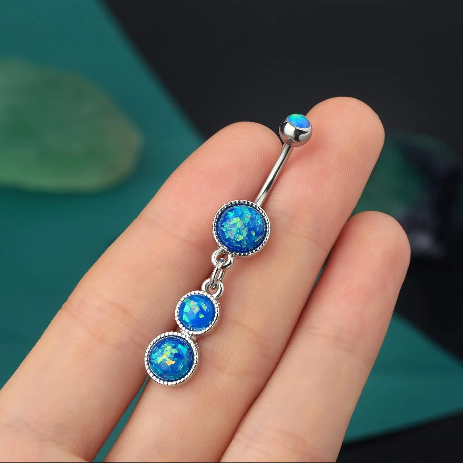 COCHARM Cute Dangly Opal Belly Button Rings 14g 316L Stainless Steel Dangle Navel Rings for Women Belly Button Piercing Dangling Navel Bar