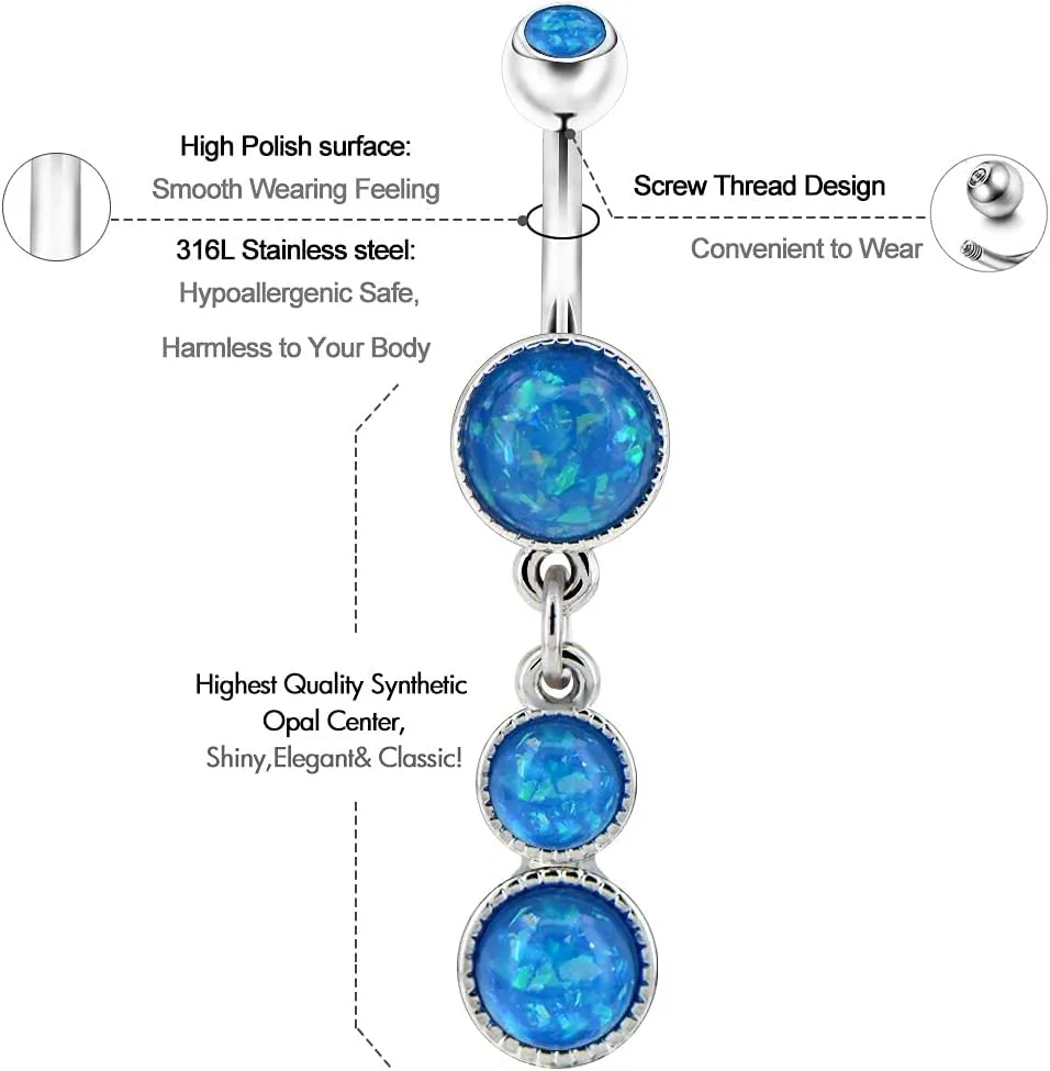 COCHARM Cute Dangly Opal Belly Button Rings 14g 316L Stainless Steel Dangle Navel Rings for Women Belly Button Piercing Dangling Navel Bar