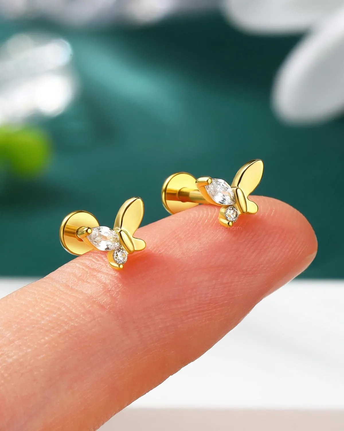 COCHARM Titanium Post Helix/Tragus/Conch/Cartilage Piercing Jewelry 16G 6mm/8mm-Threadless Butterfly Tragus/Cartilage Earring Stud with Flat Back, Surgical Steel Helix Jewelry in Gold & Silver