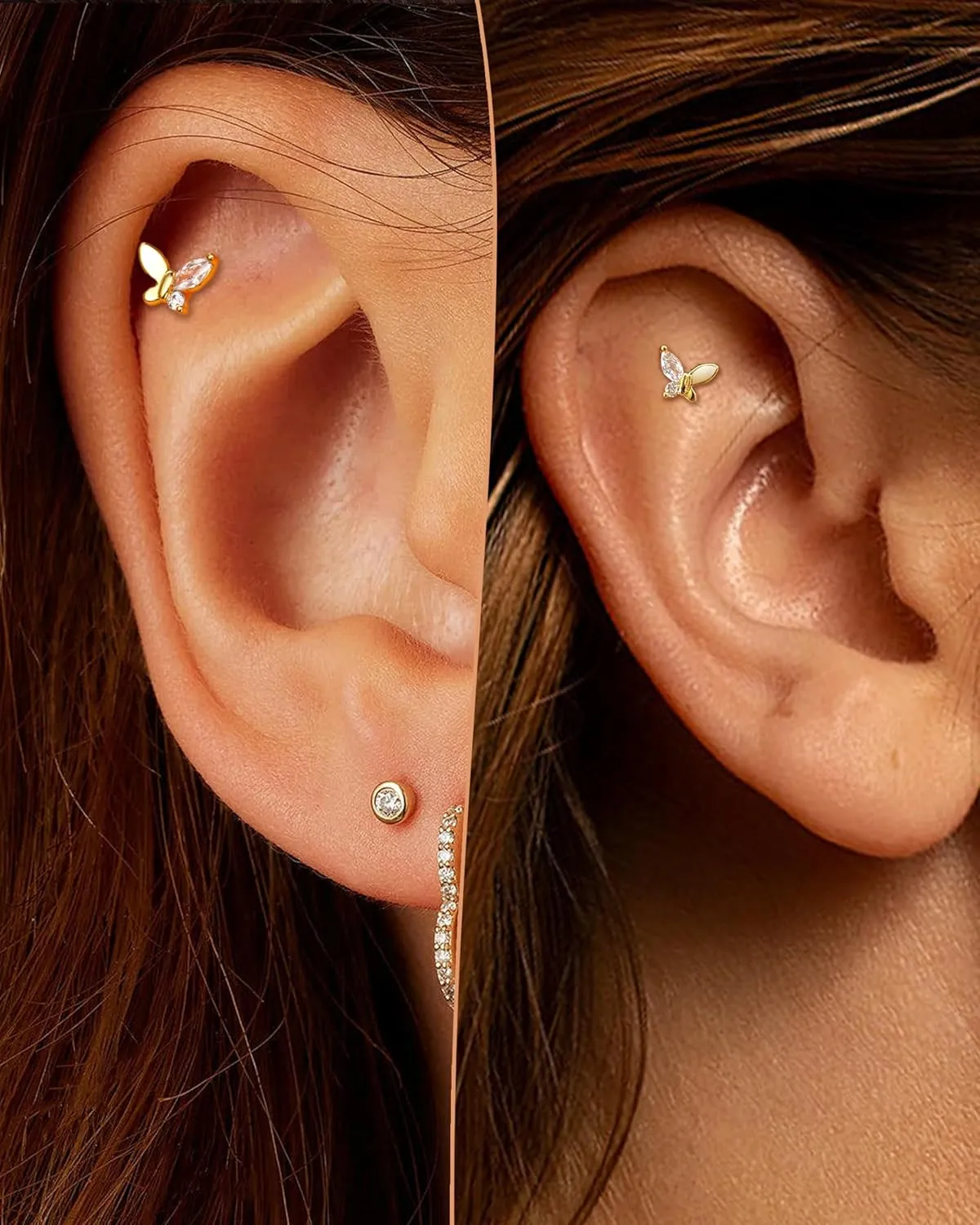COCHARM Titanium Post Helix/Tragus/Conch/Cartilage Piercing Jewelry 16G 6mm/8mm-Threadless Butterfly Tragus/Cartilage Earring Stud with Flat Back, Surgical Steel Helix Jewelry in Gold & Silver