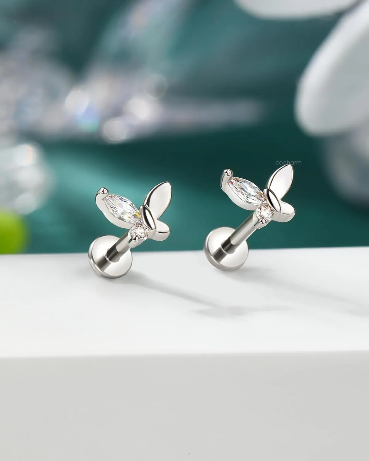COCHARM Titanium Post Helix/Tragus/Conch/Cartilage Piercing Jewelry 16G 6mm/8mm-Threadless Butterfly Tragus/Cartilage Earring Stud with Flat Back, Surgical Steel Helix Jewelry in Gold & Silver
