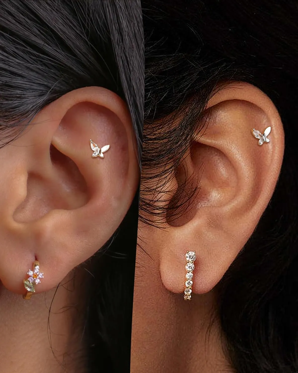 COCHARM Titanium Post Helix/Tragus/Conch/Cartilage Piercing Jewelry 16G 6mm/8mm-Threadless Butterfly Tragus/Cartilage Earring Stud with Flat Back, Surgical Steel Helix Jewelry in Gold & Silver
