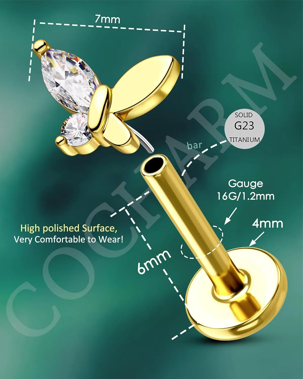 COCHARM Titanium Post Helix/Tragus/Conch/Cartilage Piercing Jewelry 16G 6mm/8mm-Threadless Butterfly Tragus/Cartilage Earring Stud with Flat Back, Surgical Steel Helix Jewelry in Gold & Silver