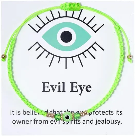 COLORFUL BLING Evil Eyes Bracelet for Female Teen Girl Amulet Pink Protection Bracelet Good Luck Adjustable String Bracelet Exquisite Card Packaging-F green