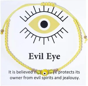 COLORFUL BLING Evil Eyes Bracelet for Female Teen Girl Amulet Pink Protection Bracelet Good Luck Adjustable String Bracelet Exquisite Card Packaging-F yellow