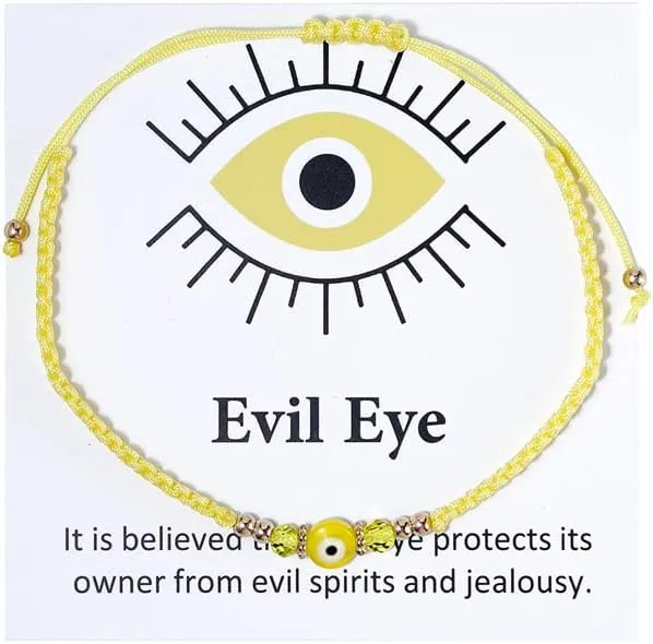 COLORFUL BLING Evil Eyes Bracelet for Female Teen Girl Amulet Pink Protection Bracelet Good Luck Adjustable String Bracelet Exquisite Card Packaging-F yellow