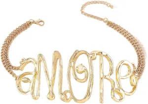 COLORFUL BLING Hip Hop Love Choker Necklace for Women Punk Chunky Gold Plated Love Heart Letter Collar Necklace Statement Jewelry Birthday Gifts