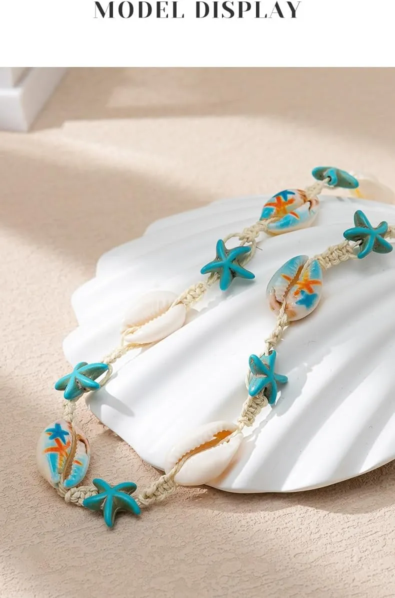 COLORFUL BLING Natural Shell Necklace Bracelet Anklet Set Handmade Seashell Turtle Starfish Adjustable Pearl Choker Necklace for Women Summer Boho Hawaii Beach Holiday Jewelry
