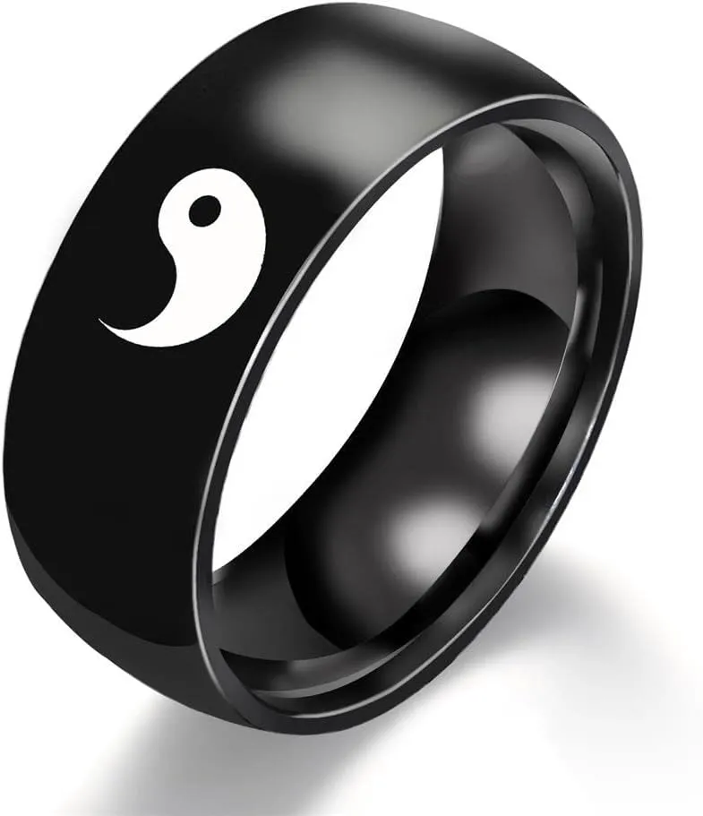 COLORFUL BLING Sainless Steel Yin Yang Tai Chi Matching Couple Rings Balance Engagement Promise Ring Chunky Finger Bands Anniversary Wedding Band for Men Women