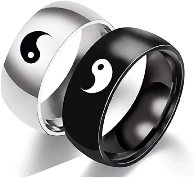 COLORFUL BLING Sainless Steel Yin Yang Tai Chi Matching Couple Rings Balance Engagement Promise Ring Chunky Finger Bands Anniversary Wedding Band for Men Women