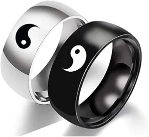 COLORFUL BLING Sainless Steel Yin Yang Tai Chi Matching Couple Rings Balance Engagement Promise Ring Chunky Finger Bands Anniversary Wedding Band for Men Women