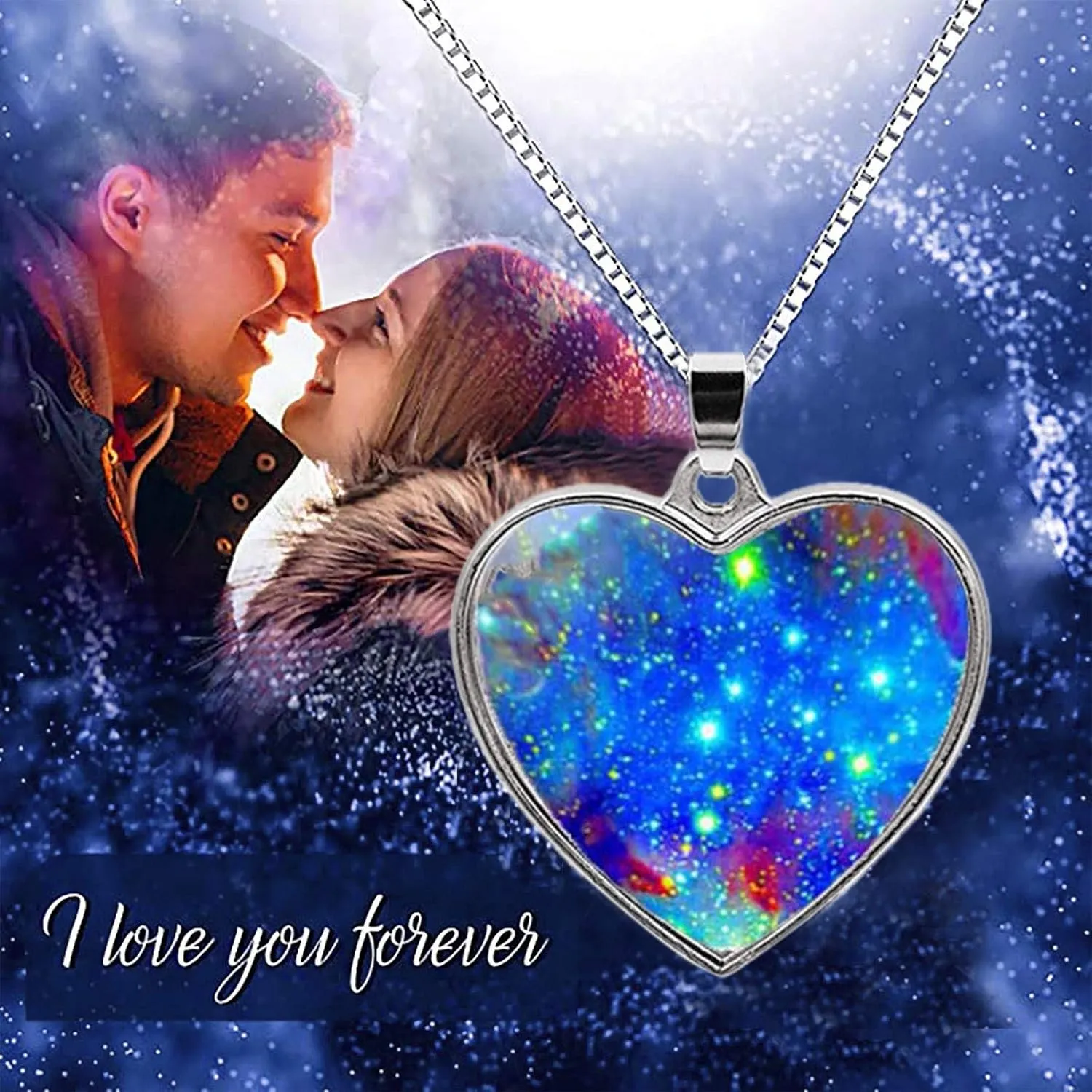 Colorful Galaxy Heart Pendants Necklace for Women Dainty Double Sided Rhinestone Crystal Silver Chain Necklace Jewelry for Her Friend Wife Mom Anniversary Birthday Party Valentines Mother's Day Gifts