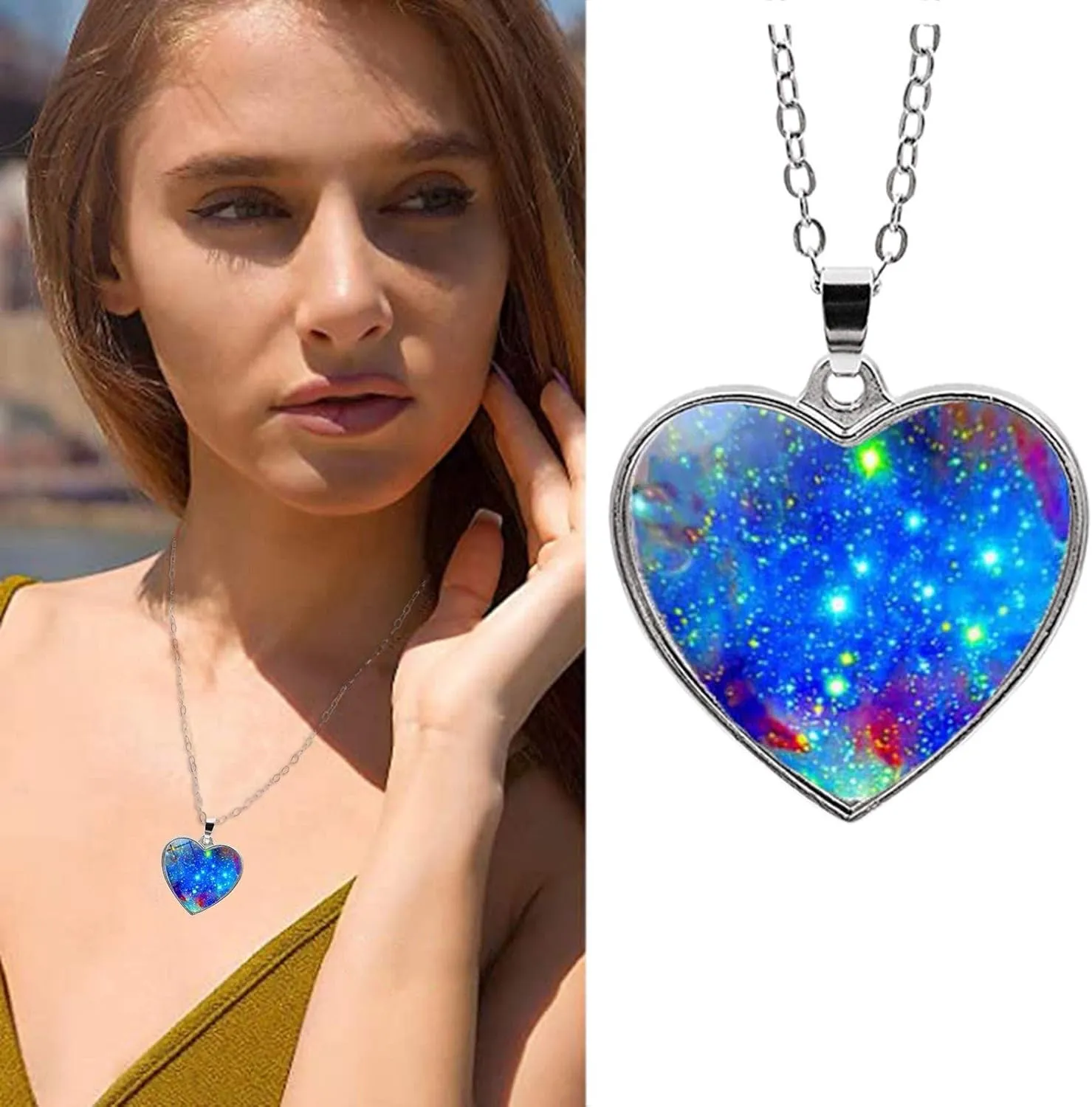 Colorful Galaxy Heart Pendants Necklace for Women Dainty Double Sided Rhinestone Crystal Silver Chain Necklace Jewelry for Her Friend Wife Mom Anniversary Birthday Party Valentines Mother's Day Gifts