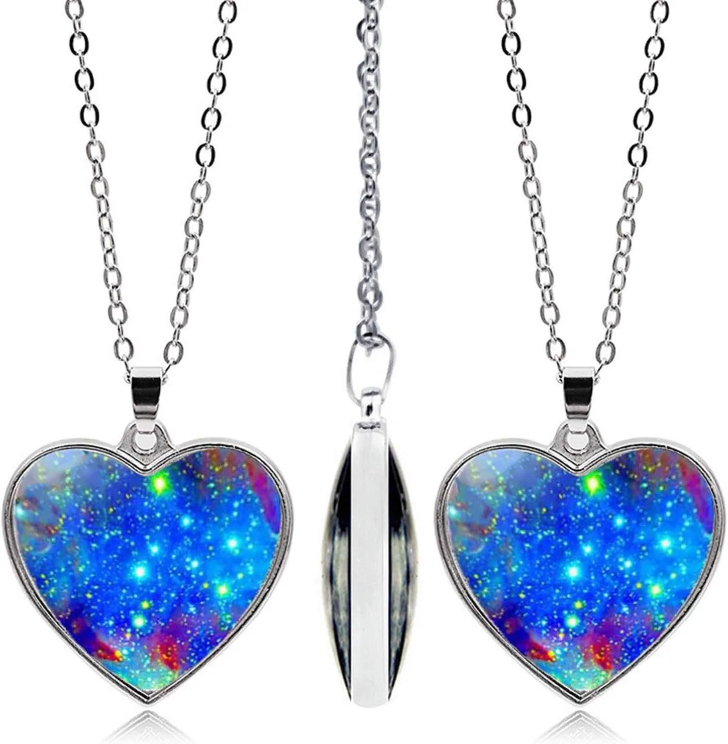 Colorful Galaxy Heart Pendants Necklace for Women Dainty Double Sided Rhinestone Crystal Silver Chain Necklace Jewelry for Her Friend Wife Mom Anniversary Birthday Party Valentines Mother's Day Gifts