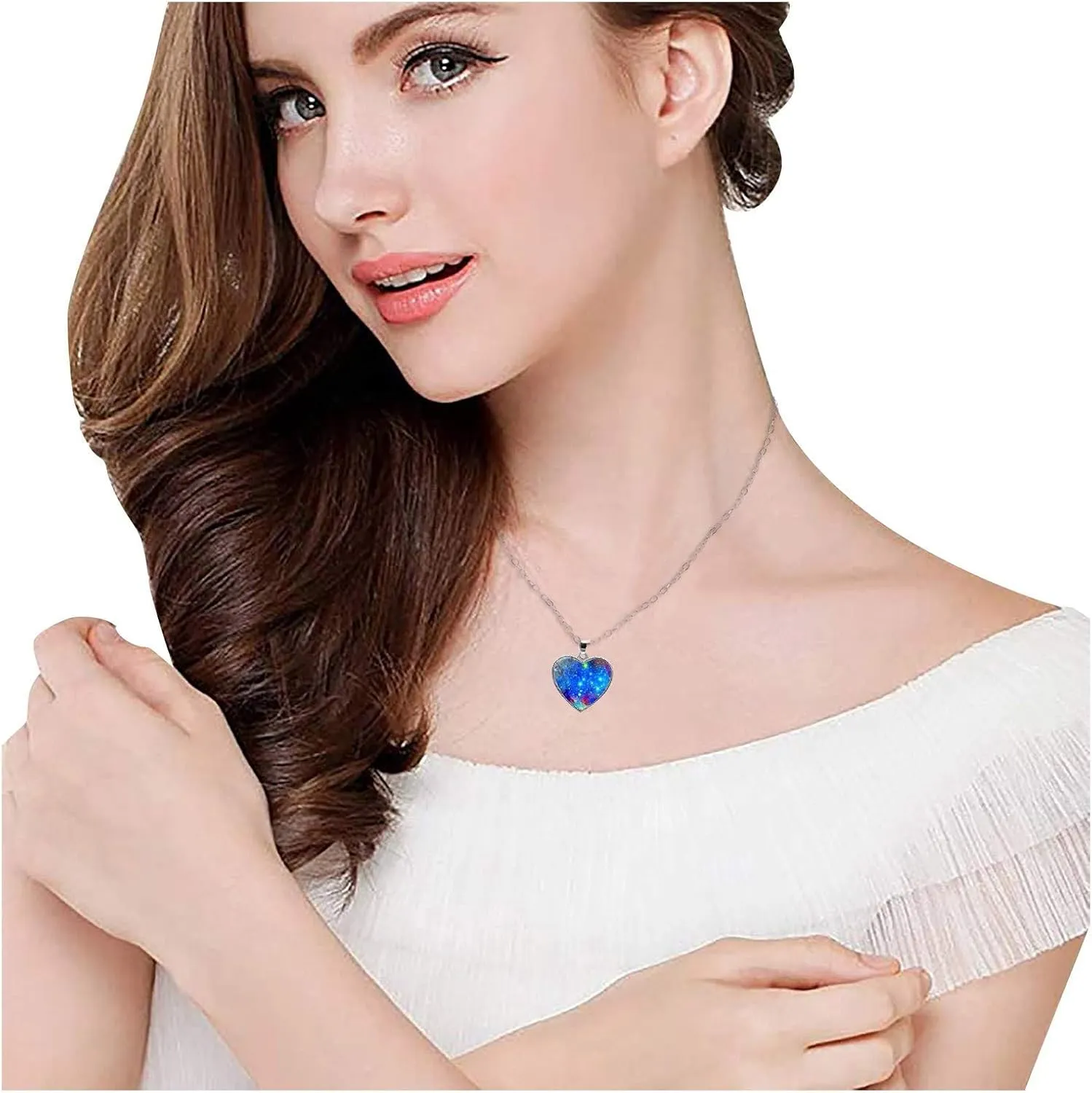 Colorful Galaxy Heart Pendants Necklace for Women Dainty Double Sided Rhinestone Crystal Silver Chain Necklace Jewelry for Her Friend Wife Mom Anniversary Birthday Party Valentines Mother's Day Gifts