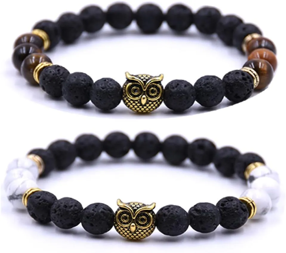 Couple Bracelets Owl Charm Beaded Bracelets Set Womens Healing Energy Lucky Stone Bracelets