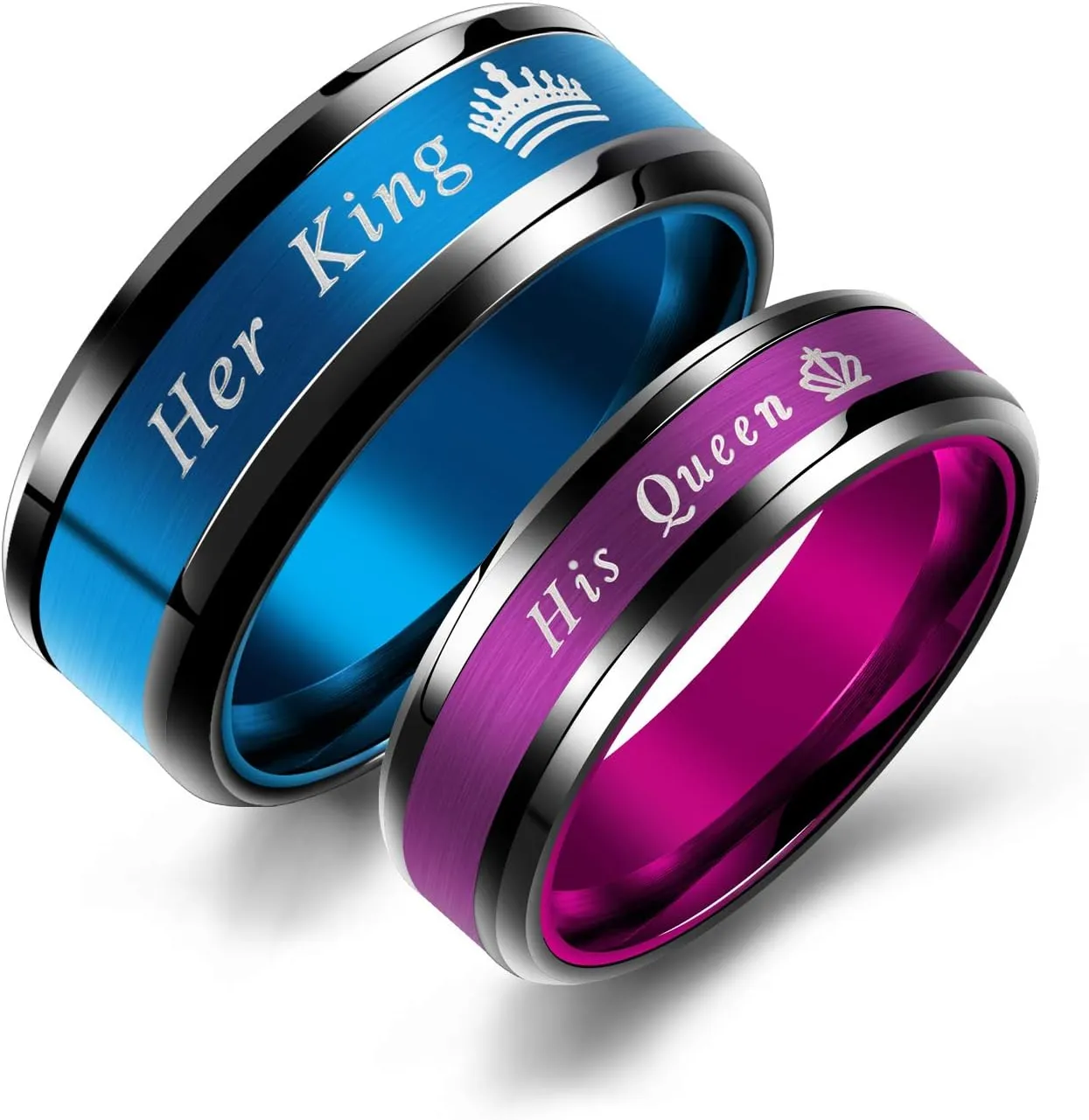 Couple Rings Purple His Queen Crown Stainless Steel Promise Rings Wedding Engagement Band (Her Size 11)